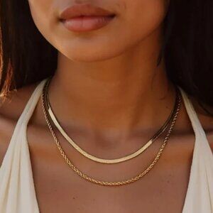 Beautiful Layered necklace set Herringbone & Rope Chain Waterproof Gold Necklace